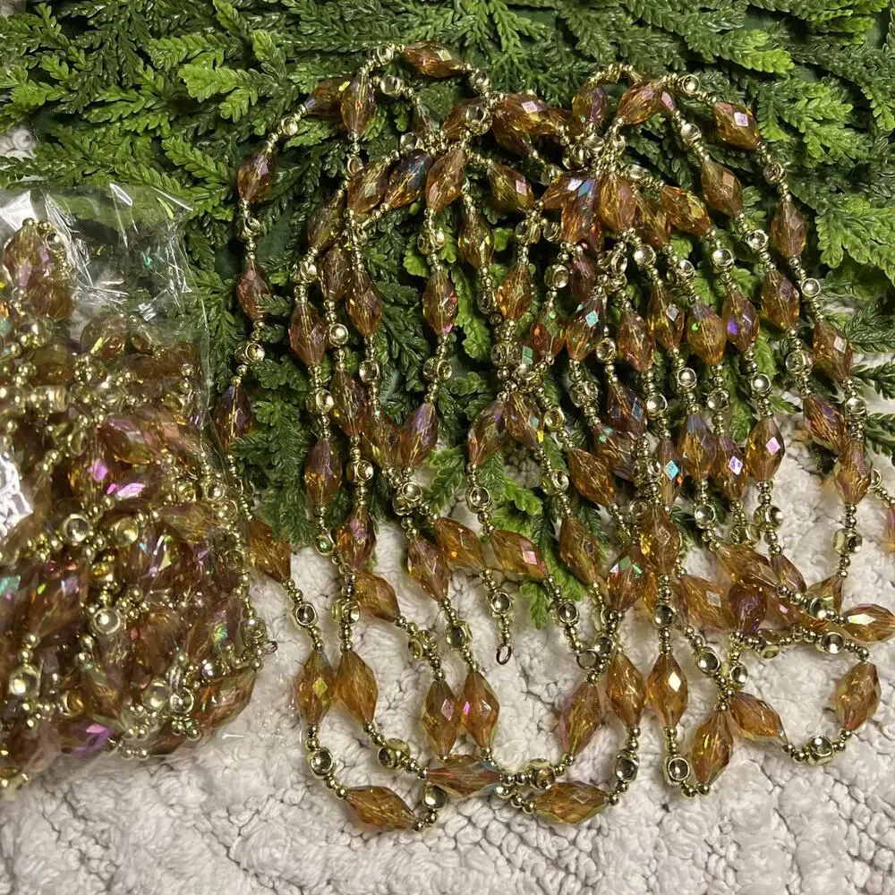 Amber Gold Iridescent Faceted Beaded Garland 24’ (Set of 2, Each 12’) Christmas